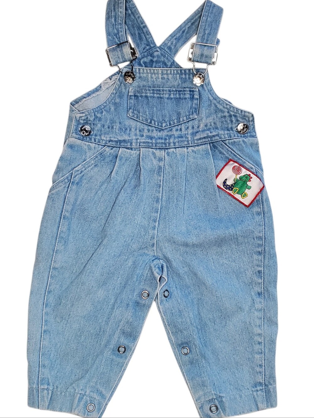 Vintage Mine Alone Light Wash Denim Dinosaur Overalls Size 6/9M Snap Crotch